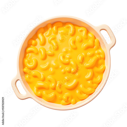 Creamy macaroni and cheese in beige casserole dish on white background  