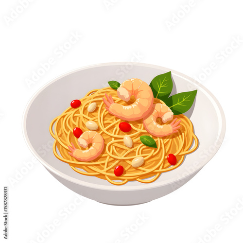Pad Thai noodles with shrimp and peanutss in white bowl  