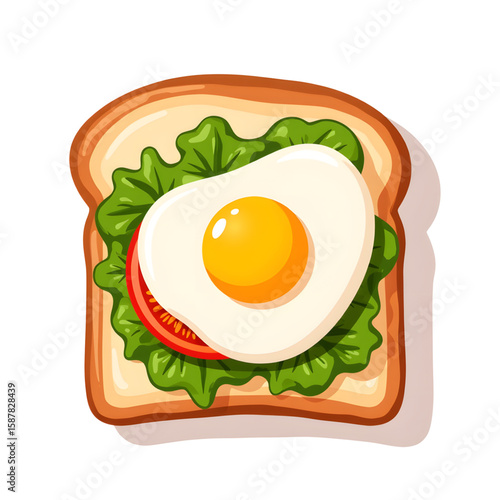 open sandwich with lettuce, tomato, and fried egg on white background  