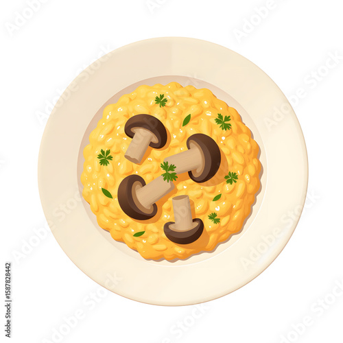 Mushroom risotto served on white plate with garnish on top  