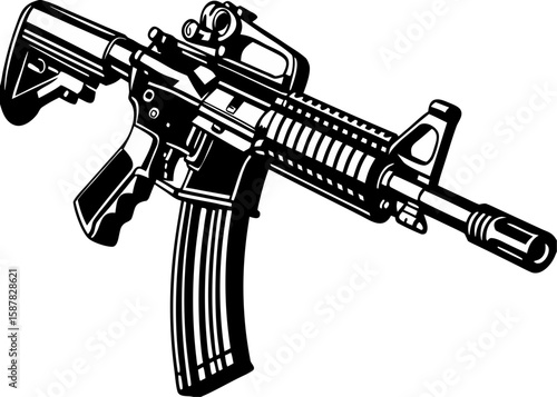 Tactical Assault Rifle Illustration - Black and White Military Design
