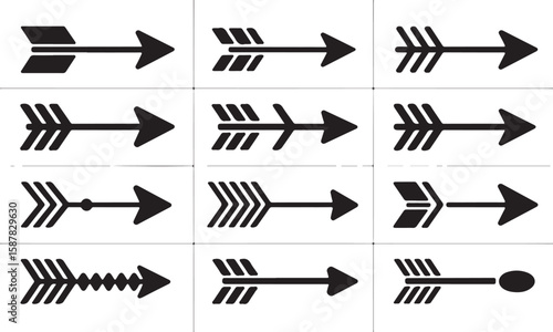 Collection of Fifteen Black-and-White Right-Pointing Arrow Designs Featuring Unique Patterns on Fletching, Shaft, and Arrowhead