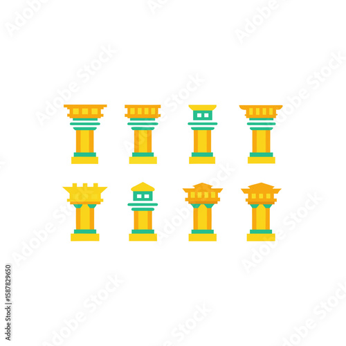  different jungle temple column icons set 