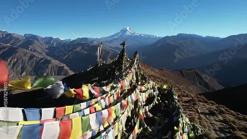 Colorful Prayer Flags on a Mountain Ridge, Majestic Himalayan View