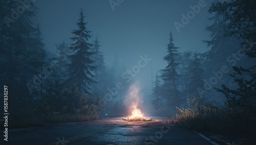 Foggy forest road, campfire