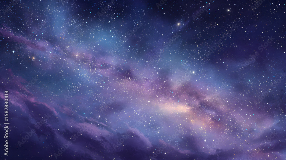 Obraz premium Beautiful fantasy starry night sky, blue and purple colorful, galaxy and aurora 4k wallpaper. cosmic watercolor illustration. Colorful space background with stars