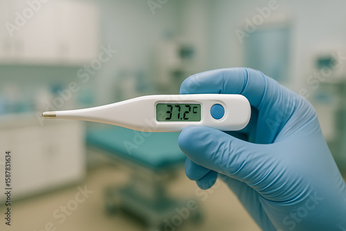 A gloved hand holds a digital thermometer displaying a normal body temperature of 37.2 degrees Celsius in a medical or clinical setting.