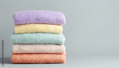 Stack of pastel colored sweaters against gray background
