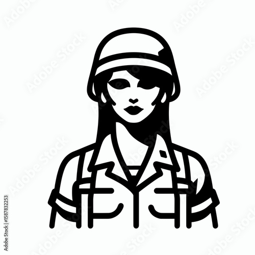 Female soldier in military uniform wearing a helmet and looking serious  
