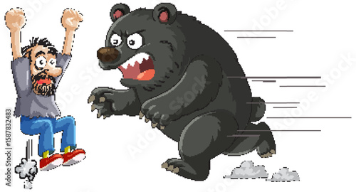 Frightened Man Running From Charging Angry Bear