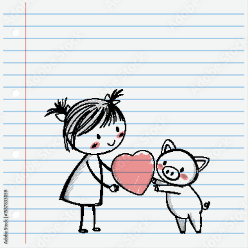 Girl and Pig Sharing a Heart