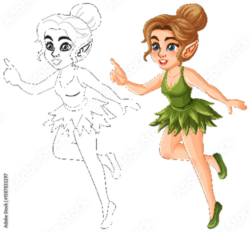 Charming Fairy in Green Dress Vector Illustration