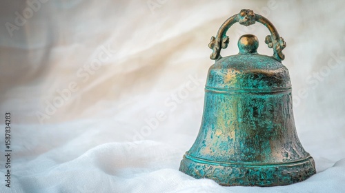 Vintage bell with intricate details resting on soft fabric, showcasing unique patina and craftsmanship in a serene setting