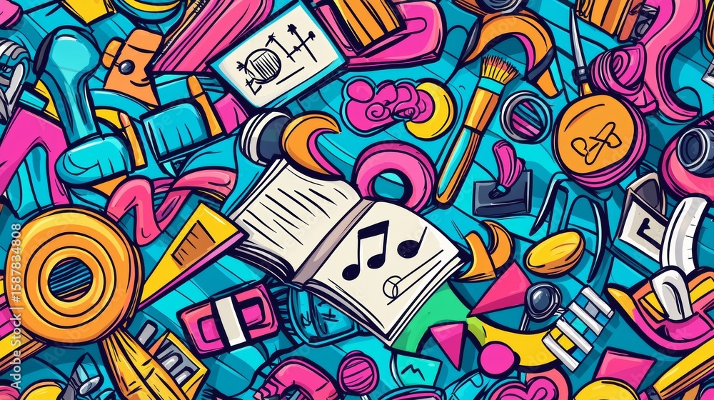 Fototapeta premium Colorful illustration of various art supplies and instruments scattered on a blue background
