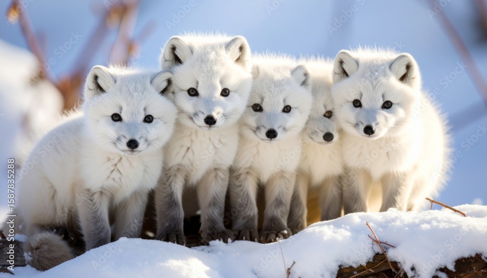Obraz premium Showcasing the charming fluffiness of young arctic foxes against a snowy backdrop