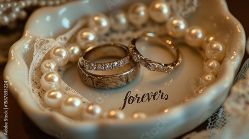 Elegant wedding rings displayed on a decorative dish with pearls and lace for a timeless romantic setting