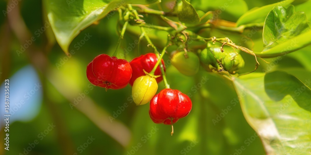Vibrant acerola cherries hanging on a branch, displaying stages of ripeness under sunlight. Vibrant acerola cherries hanging on a branch, displaying stages of ripeness under sunlight.
