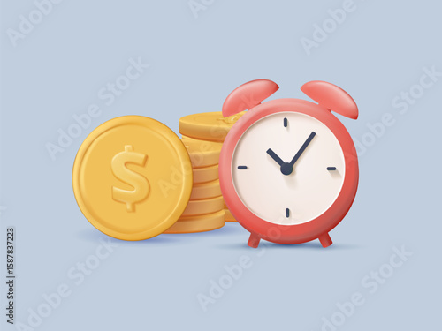 Long term investing or savings for retirement fund 3D render vector illustration. Compound interest or investment growth, tax time reminder concept, alarm clock and dollar coin money, increase savings