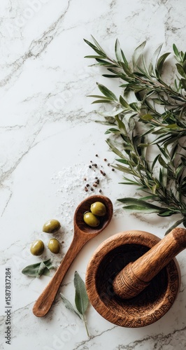 Wallpaper Mural Wooden spoon, mortar, olives, herbs, spices on marble Torontodigital.ca