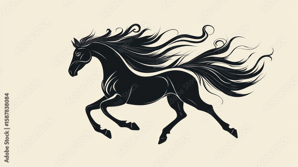 Fototapeta premium Stylized black horse in motion, flowing mane and tail