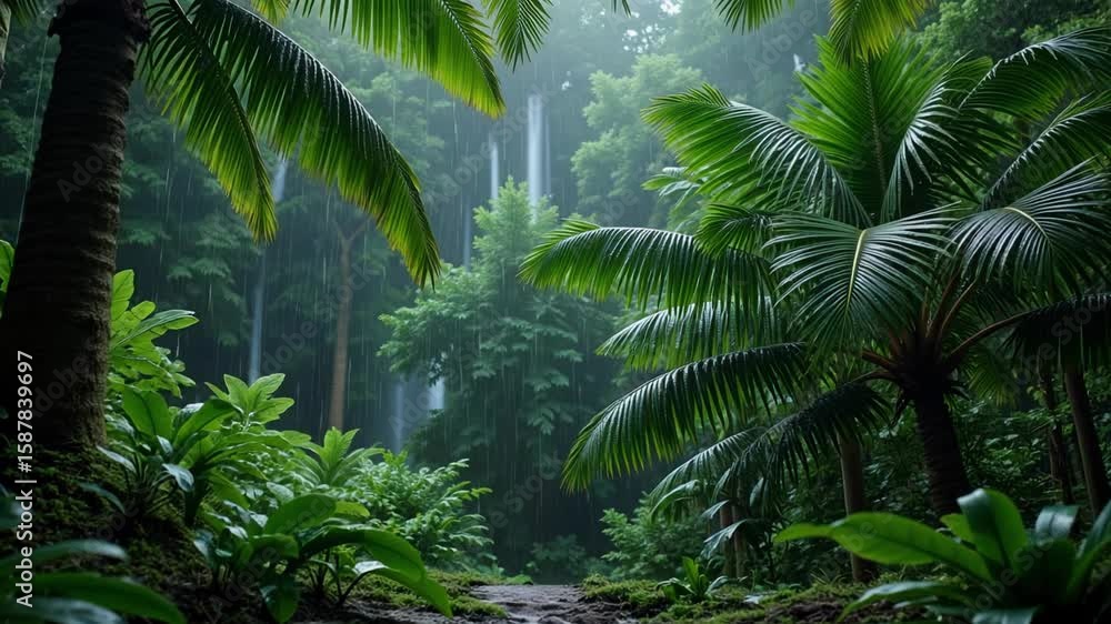 Deep within a tropical rainforest, monsoon season brings heavy rainfall pouring down through lush green palm trees, a natural and vibrant scene in 4k. Deep within a tropical rainforest, monsoon season brings heavy rainfall pouring down through lush green palm trees, a natural and vibrant scene in 4k.