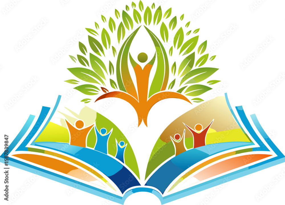 Obraz premium Open Book with Tree of Knowledge and People Celebrating Education and Growth Concept Illustration