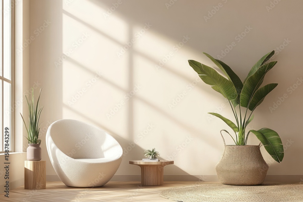 Fototapeta premium Organic-inspired modern room with indoor plant, cozy minimalist decor and space