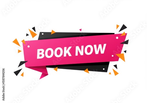 Dynamic pink and black banner with book now text and geometric accents