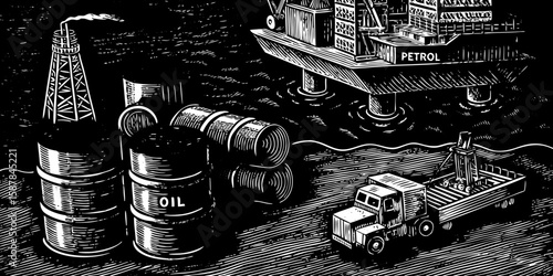 Monochrome Illustration of Oil Industry with Derrick Barrels Offshore Platform and Truck Conveying the Essence of Petroleum Production