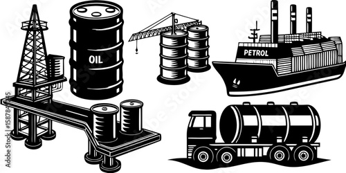 Black and White Illustration of Oil and Gas Industry Elements Including a Rig Ship Truck and Storage