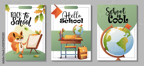 Vector design set with cartoon squirrel, school desk, globe, whiteboard and autumn leaves. Ideal for back to school themed flyers or children education