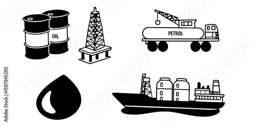 Hand Drawn Oil and Gas Industry Icons in Black and White Including Oil Barrels Rigs Tanker Truck and Ship