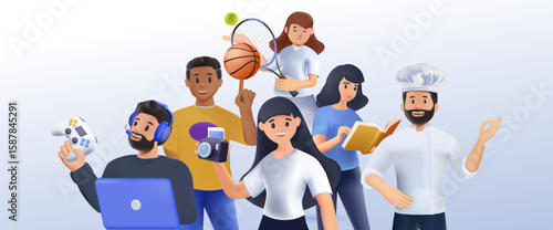 People, different hobbies. Talented characters interested in gaming, sport, reading, photography, creative leisure, entertainment, group portrait. 3D render graphic vector illustrations isolated