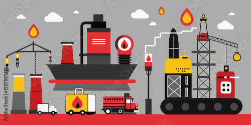 Stylized Oil Industry Landscape with Refinery Drilling Rig and Transportation Vehicles in a Flat Design Red Yellow and Gray