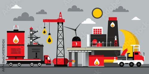 Stylized Oil and Gas Industry Illustration with Wind Turbine and Industrial Vehicles on a Gray Background
