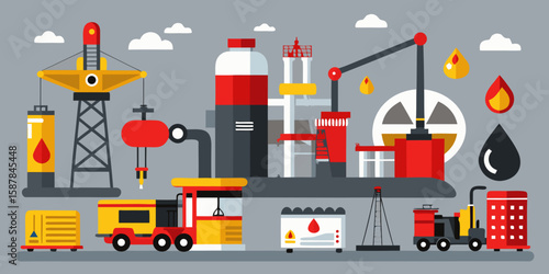 Stylized Oil Refinery and Petroleum Industry Illustration with Red Yellow and Gray Color Palette on a Light Gray Background