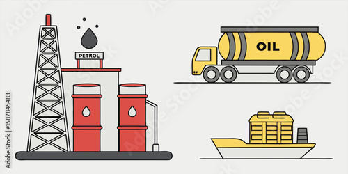 Illustration of Petrol and Oil Industry Infrastructure Including Refinery Tanker Truck and Cargo Ship for Transportation and Distribution