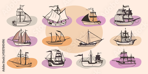 Collection of Hand Drawn Vintage Sailing Ships with Different Sail Configurations on Pastel Background Nautical and Maritime Theme