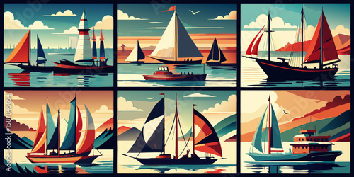 Collection of Colorful Sailboats and Yachts on the Water with Mountains and Sky in the Background in a Retro Style