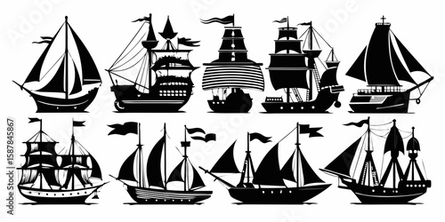 Collection of Silhouette Sailing Ships and Pirate Vessels Nautical Transportation and Maritime History Black and White Vector Illustration Set