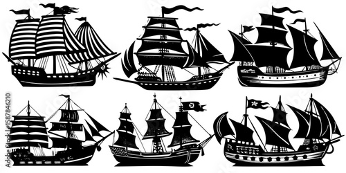 Set of Six Black and White Silhouette Pirate Ships with Sails and Masts on a White Background