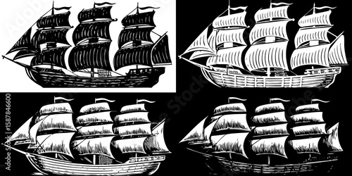 Four Vintage Style Sailing Ships in Black and White Vector Illustration of Classic Tall Ships with Full Sails Set