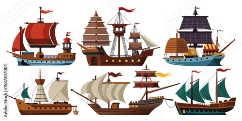 Collection of Cartoon Pirate Ships with Various Sail Designs and Colors Isolated on White Background Nautical Vessels for Adventure