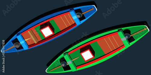 Overhead View of Two Colorful Wooden Boats on a Dark Blue Background Minimalist Vector Illustration Style