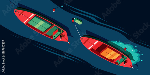 Two Red Boats in Dark Blue Water with People and a Green Box Being Transported Between Them Flat Vector Illustration