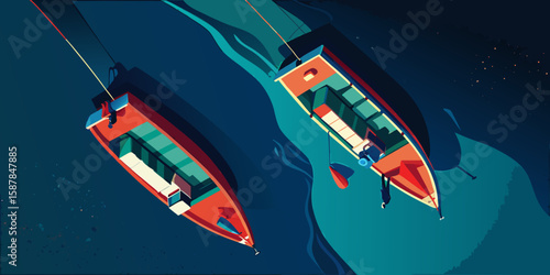 Stylized Illustration of Two Boats on Water with a Retro Aesthetic and a Limited Color Palette from an Aerial Perspective