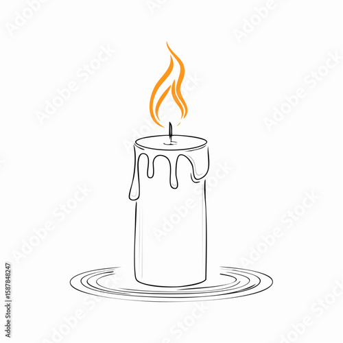 Candle with flickering flame, wick and wax detail illustrated in simple vector style.