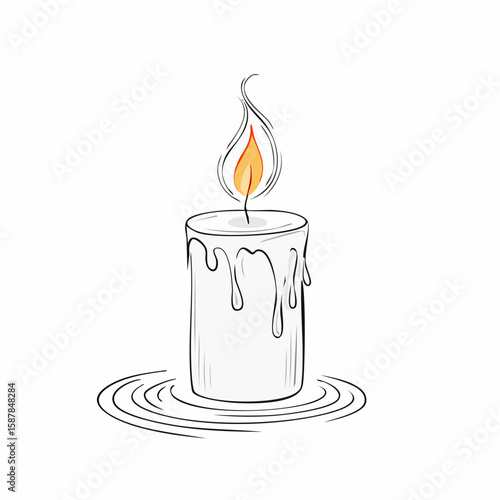 Candle with flickering flame, wick and wax detail illustrated in simple vector style.