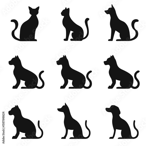 Black vector silhouettes of sitting cats and dogs