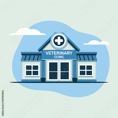 Flat Style Illustration of a Blue Veterinary Clinic Building Icon Against a Light Blue Background with White Clouds Simple Design for Pet Healthcare Branding
